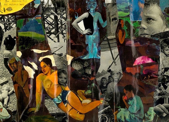 Image: A section of a hand-assembled collage containing fragments of Gauguin paintings, notably including Tahitian women, statues of Bodhisattvas, flowers, human faces and eyes.