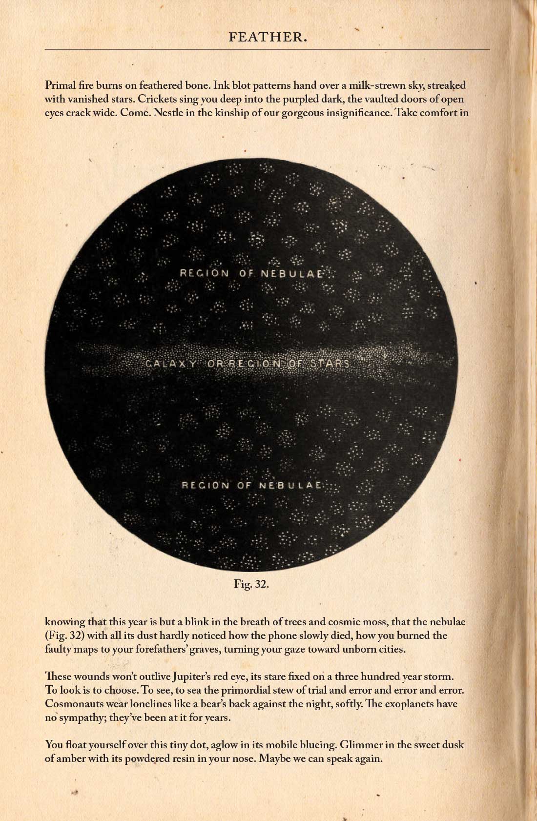 Image: a scanned page from a book which reads: Feather. Primal fire burns on feathered bone. Ink blot patterns hand over a milk-strewn sky, streaked with vanished stars. Crickets sing you deep into the purpled dark, the vaulted doors of open eyes crack wide. Come. Nestle in the kinship of our gorgeous insignificance. Take comfort in 

Then there’s a black circle, with Region of Nebulae written on the top, and again on the bottom, and Galaxy or Region of Stars written over a misty grey middle, Fig. 32. written below. 

Then the text continues: knowing that this year is but a blink in the breath of trees and cosmic moss, that the nebulae (Fig. 32) with all its dust hardly noticed how the phone slowly died, how you burned the faulty maps to your forefather’s graves, turning your gaze toward unborn cities. 

These wounds won’t outlive Jupiter’s red eye, its stare fixed on a three hundred year storm. To look is to choose. To see, to sea the primordial stew of trial and error and error and error. Cosmonauts wear loneliness like a bear’s back against the night, softly. The exoplanets have no sympathy; they’ve been at it for years. 

You float yourself over this tiny dot, aglow in its mobile blueing. Glimmer the sweet dusk of amber with its powdered resin in your nose. Maybe we can speak again.  